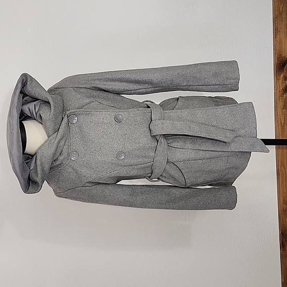New Look Coat Double Breasted Pea Coat Wool/Poly Blend Tie & Button Gray Size M - Picture 15 of 16